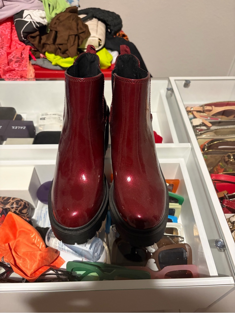Soda Burgundy Patent Chelsea Platform Booties
